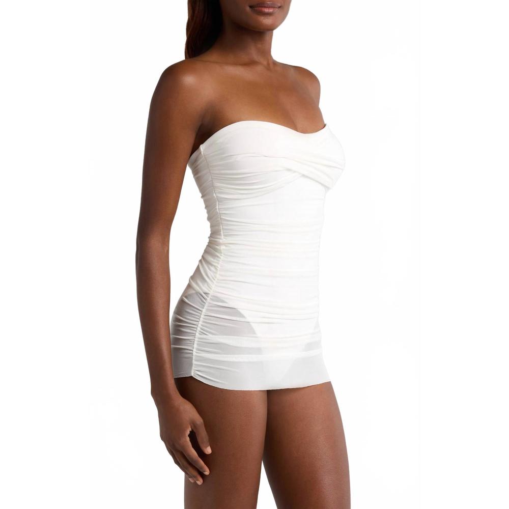 NEW HUTCH radlee strapless mesh overlay skirted one piece swimsuit in white - Picture 2 of 6
